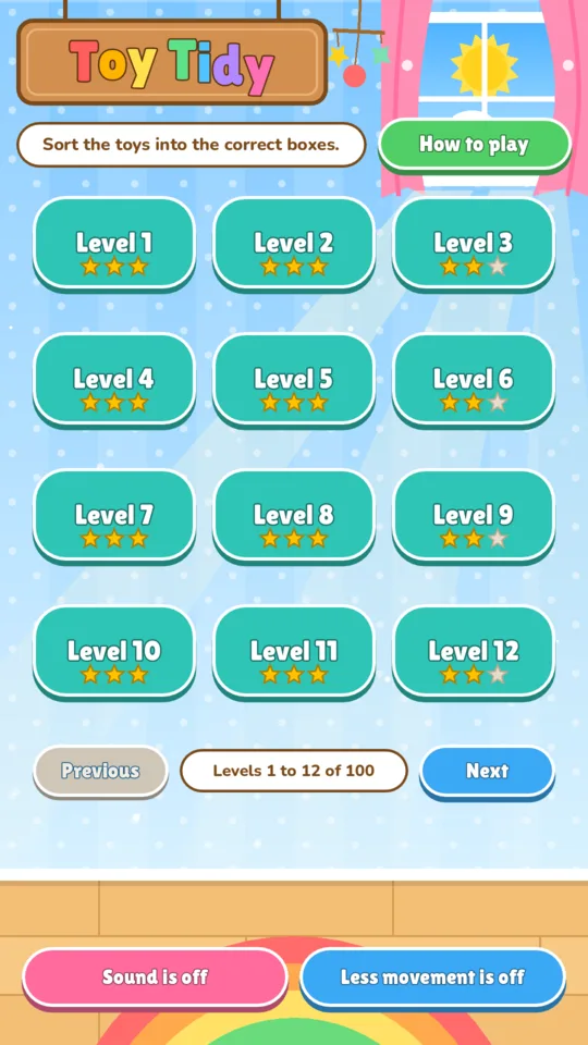 The level list. Each finished level shows its stars.